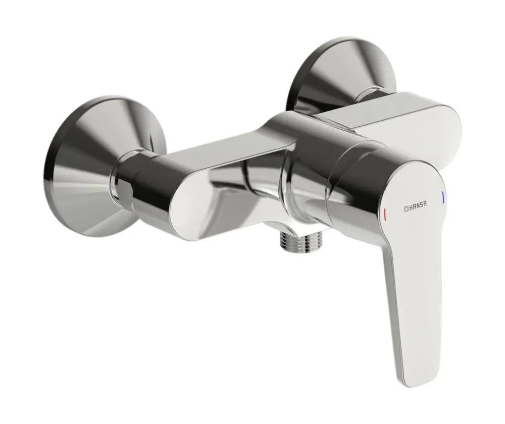 Einhebelmischer für Dusche in Chromausführung von HANSA, wandmontiert, mit einem Bedienhebel zur Regelung von Wasserfluss und Temperatur.